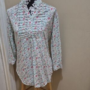 Sara Cream Ruffled Blouse with Mandarin Collar 100% Viscosa